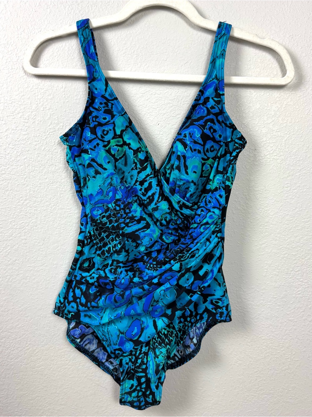 Miraclesuit Sz 2 Blue Teal One Piece Swimsuit Wrap V-neck Side Ruched Slimming